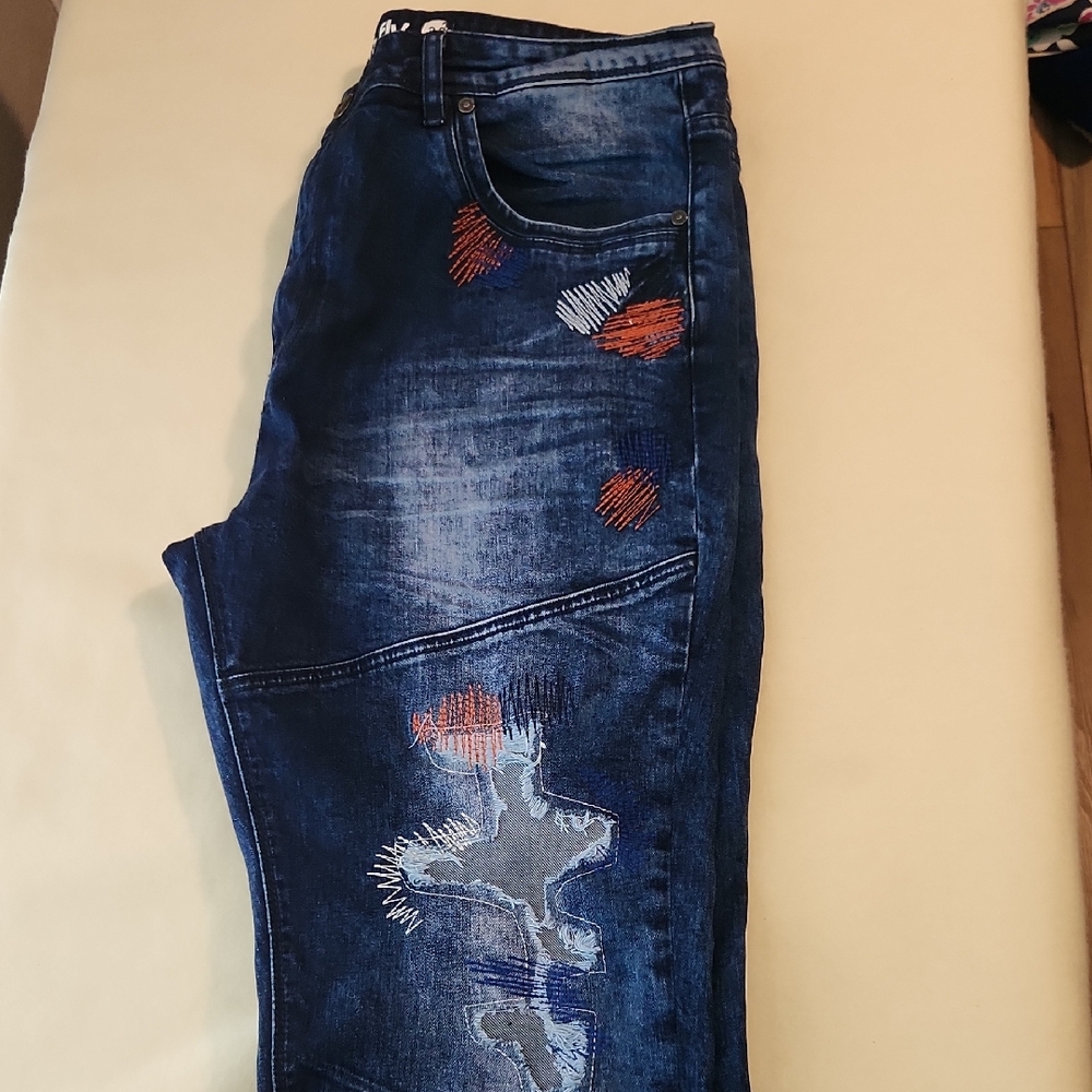 Born Fly Men's Distressed Patchwork Jeans 38 X 30